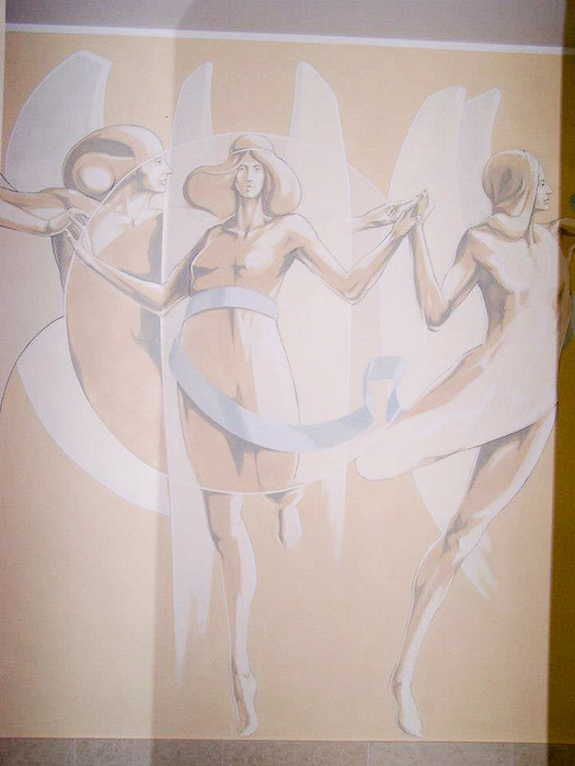 la danza della creazione dipinto murale presso la corte degli angeli silicato motta dilivenza